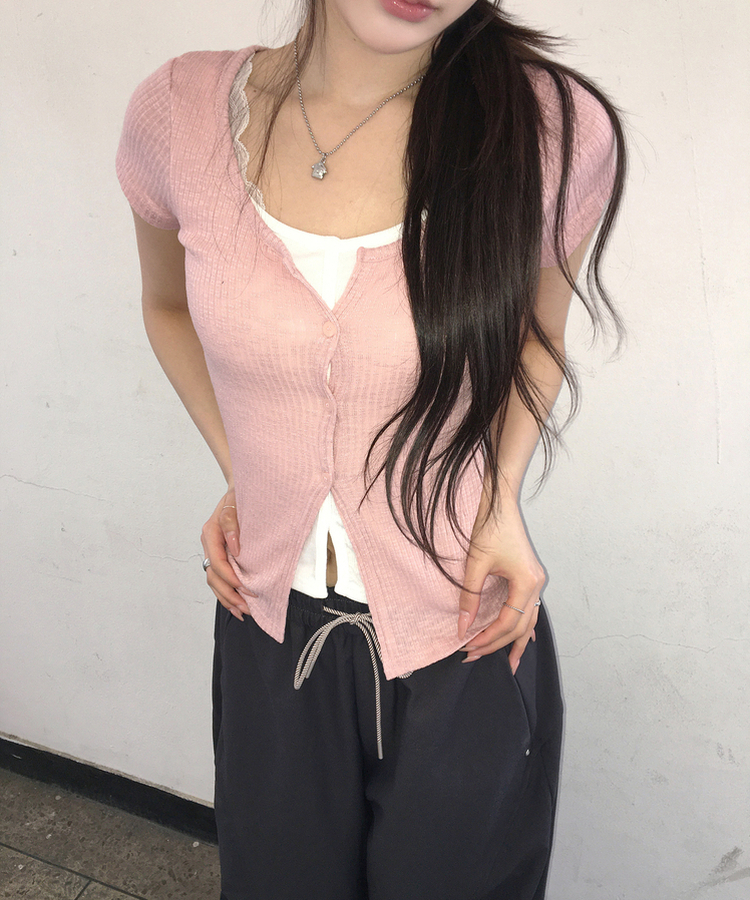 レイヤード半袖カーディガン PINK