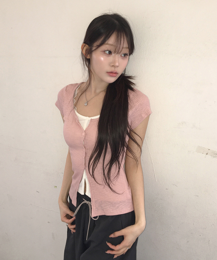 レイヤード半袖カーディガン PINK