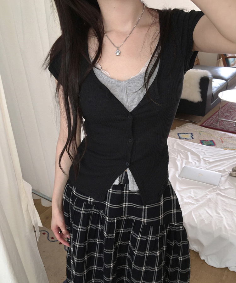 レイヤード半袖カーディガン BLACK