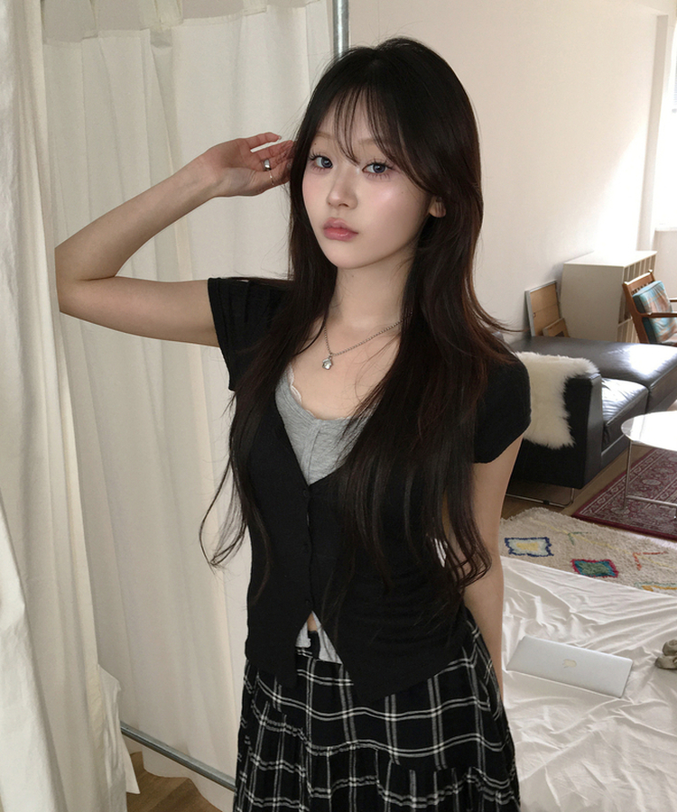 レイヤード半袖カーディガン BLACK