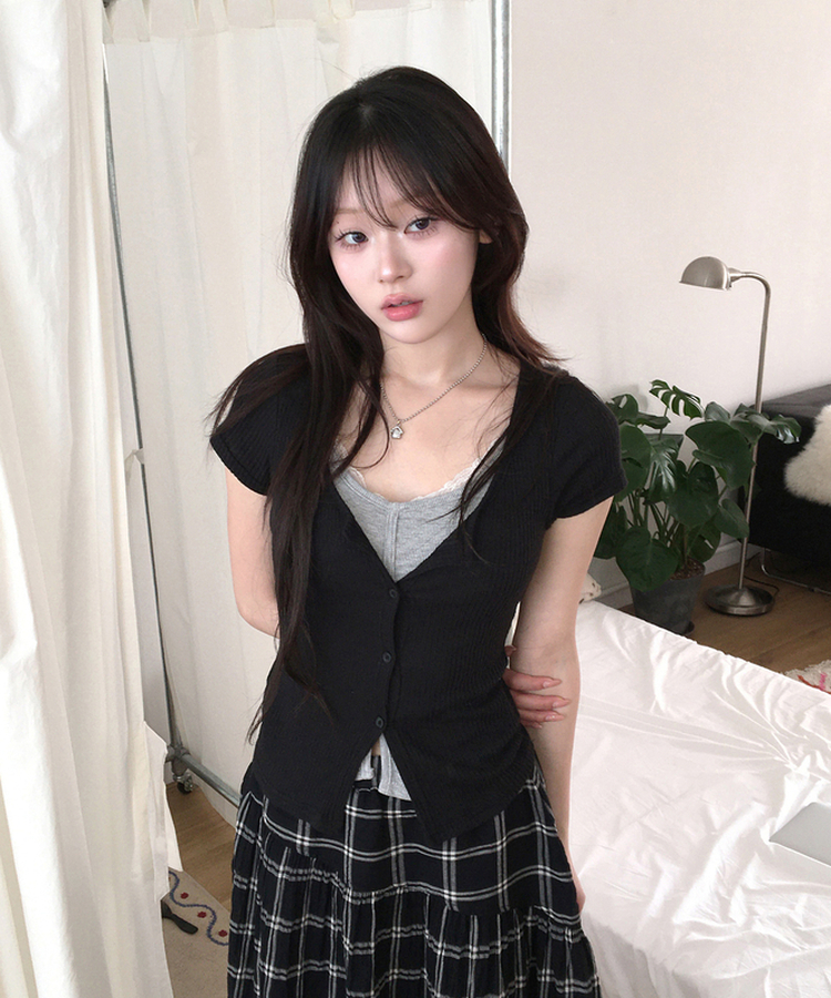 レイヤード半袖カーディガン BLACK