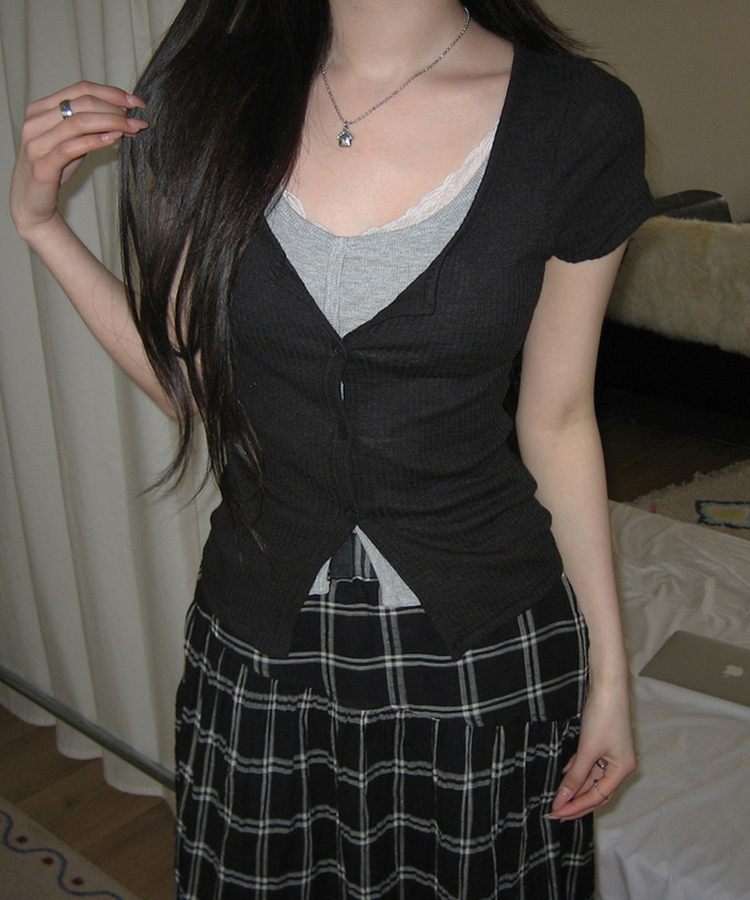 レイヤード半袖カーディガン BLACK