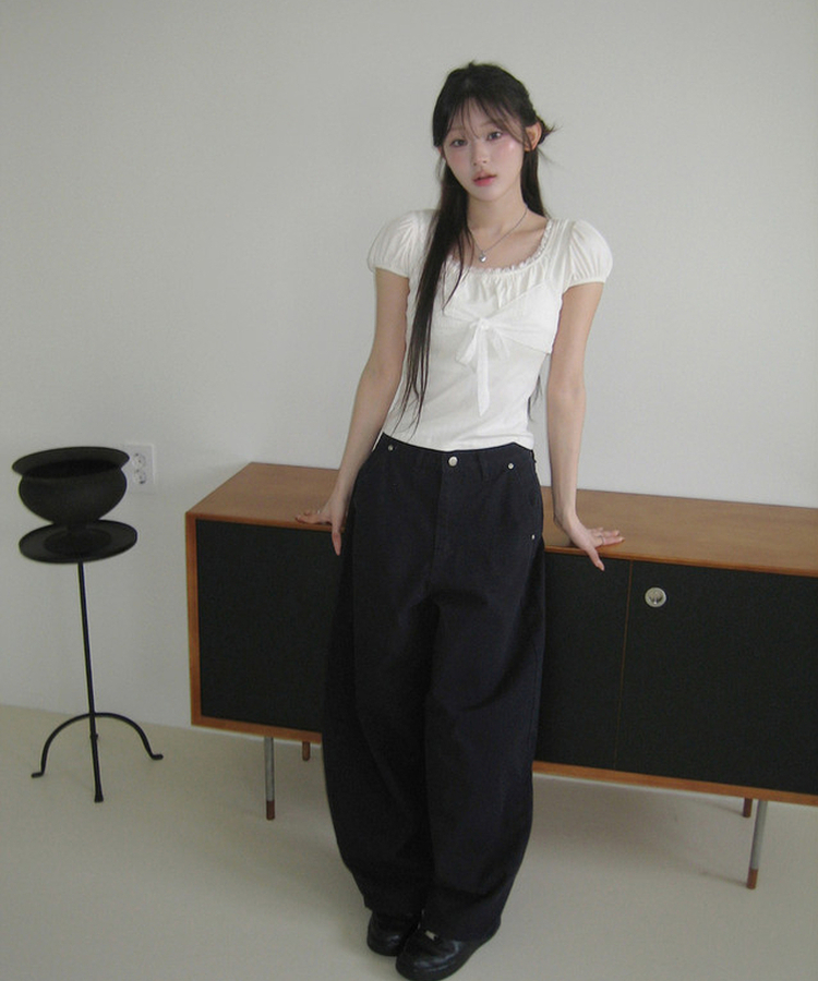 リボンパフレースTシャツ IVORY