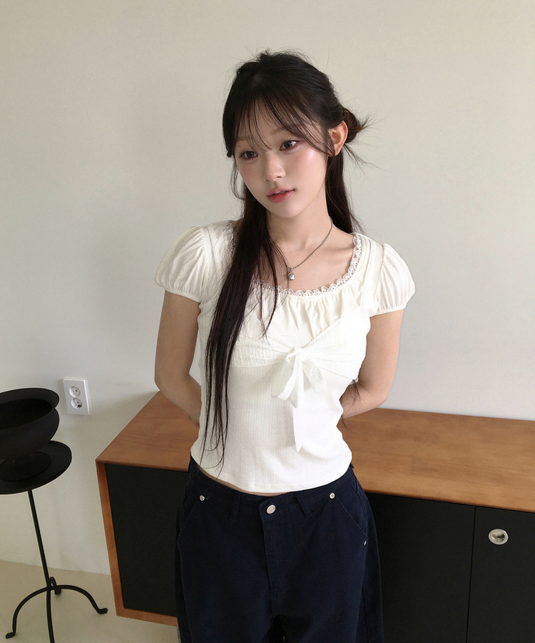 リボンパフレースTシャツ IVORY