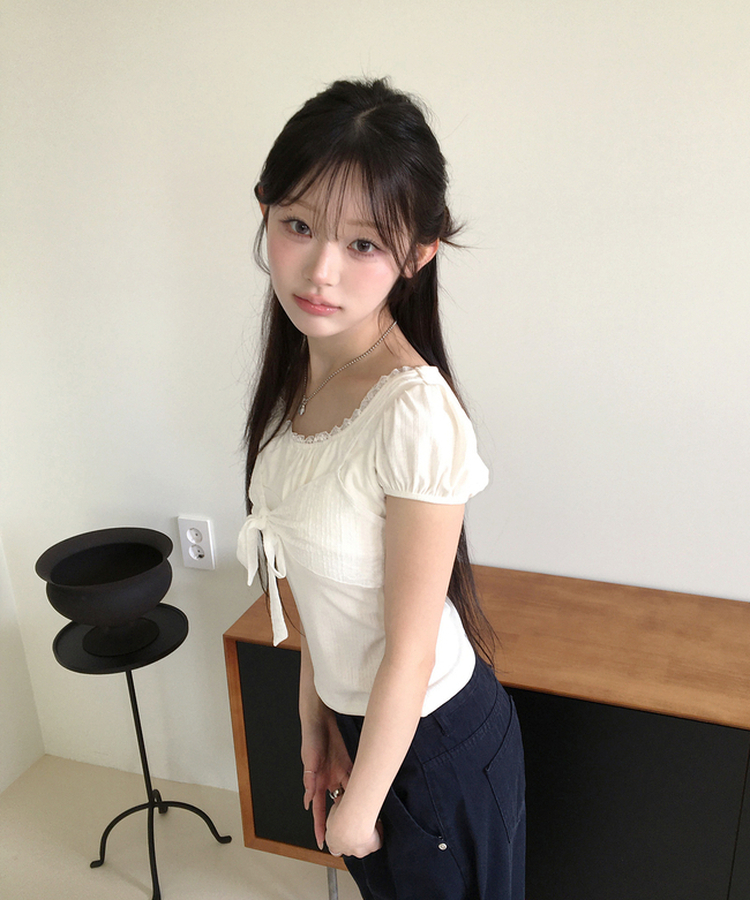 リボンパフレースTシャツ IVORY