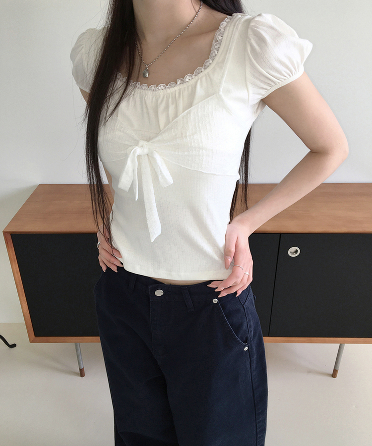 リボンパフレースTシャツ IVORY