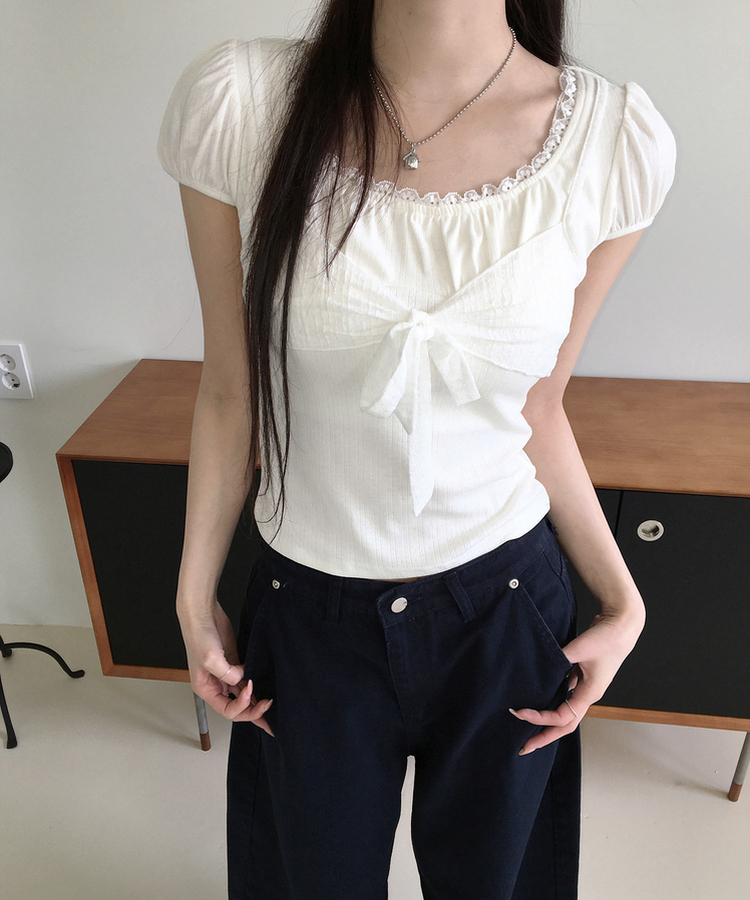 リボンパフレースTシャツ IVORY