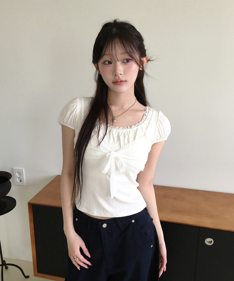 リボンパフレースTシャツ IVORY
