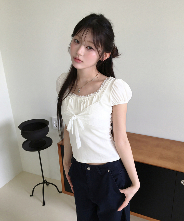リボンパフレースTシャツ IVORY