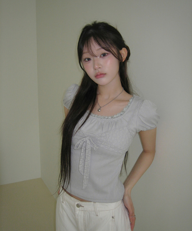 リボンパフレースTシャツ SKY BLUE