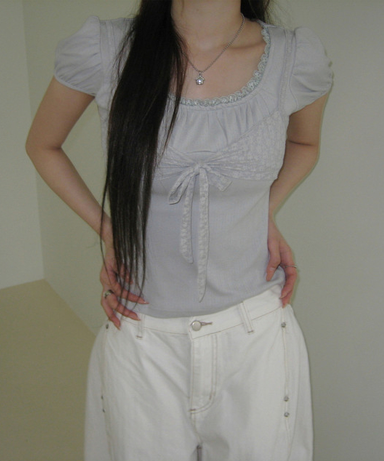 リボンパフレースTシャツ SKY BLUE