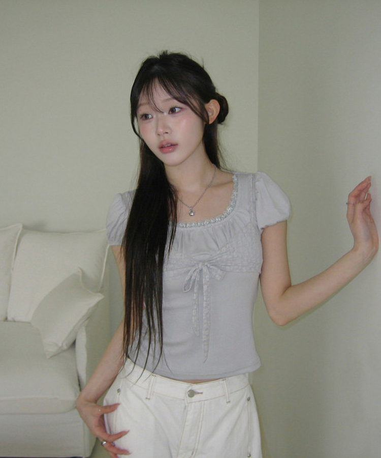 リボンパフレースTシャツ SKY BLUE