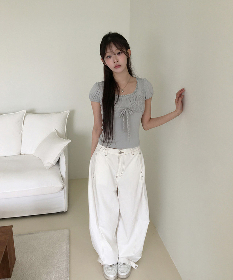 リボンパフレースTシャツ SKY BLUE