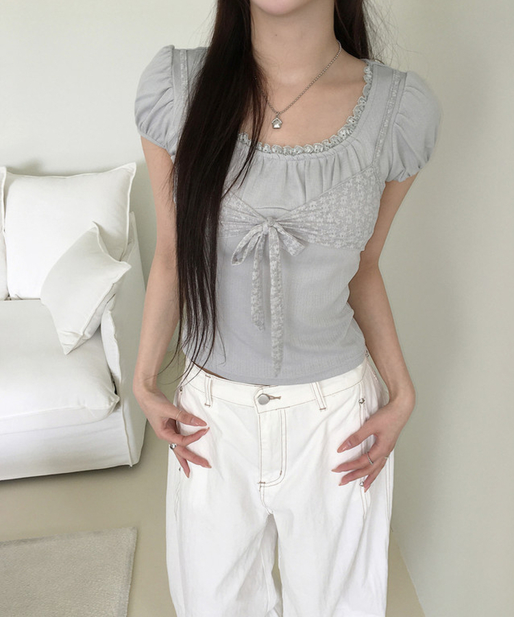 リボンパフレースTシャツ SKY BLUE