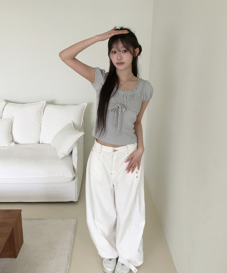 リボンパフレースTシャツ SKY BLUE