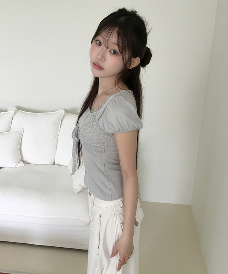 リボンパフレースTシャツ SKY BLUE