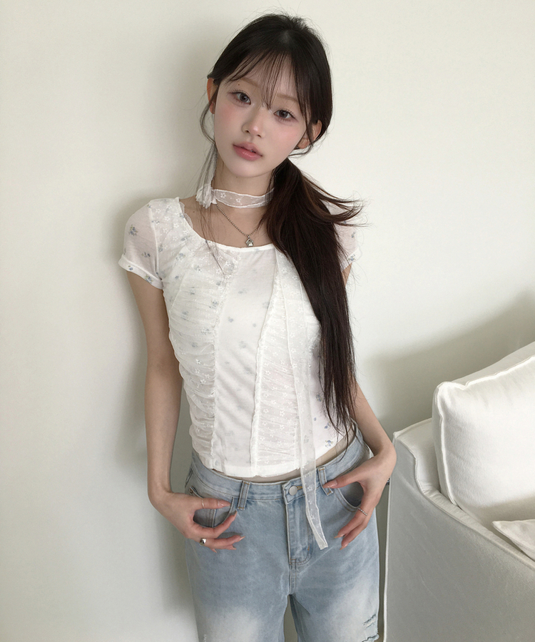 タイ付き】フラワーレーストップス｜半袖Tシャツ｜韓国ファッション 