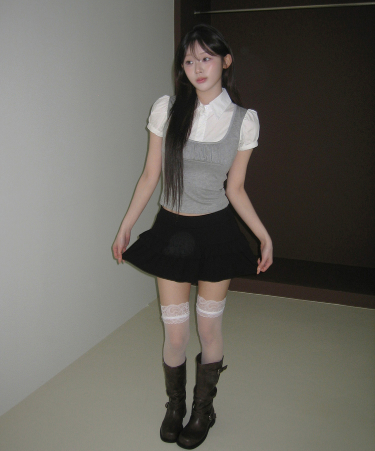 パフスリーブシャツレイヤードトップス GREY