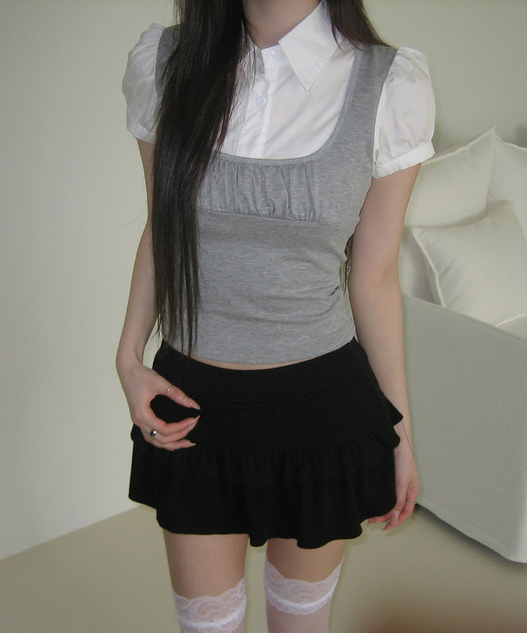 パフスリーブシャツレイヤードトップス GREY