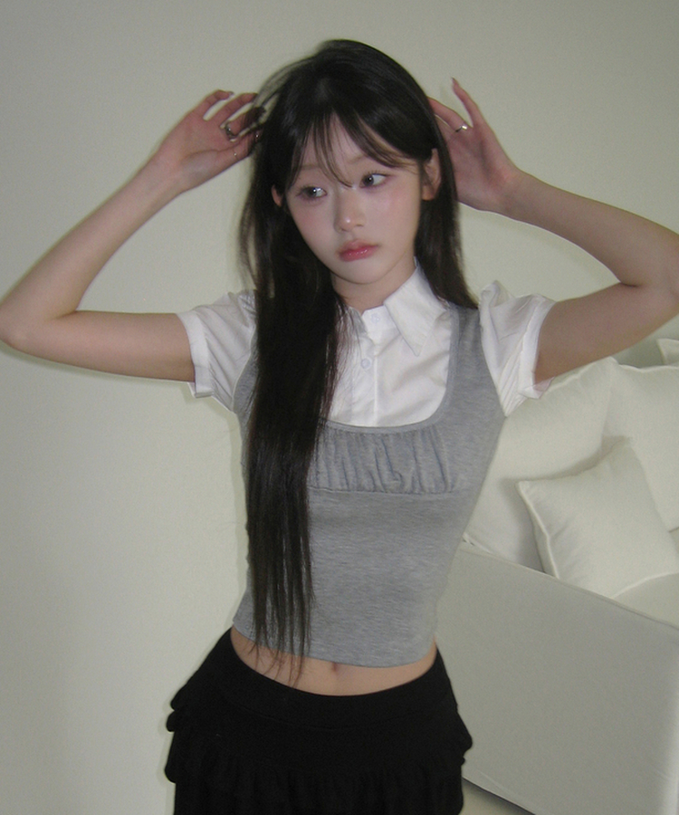 パフスリーブシャツレイヤードトップス GREY