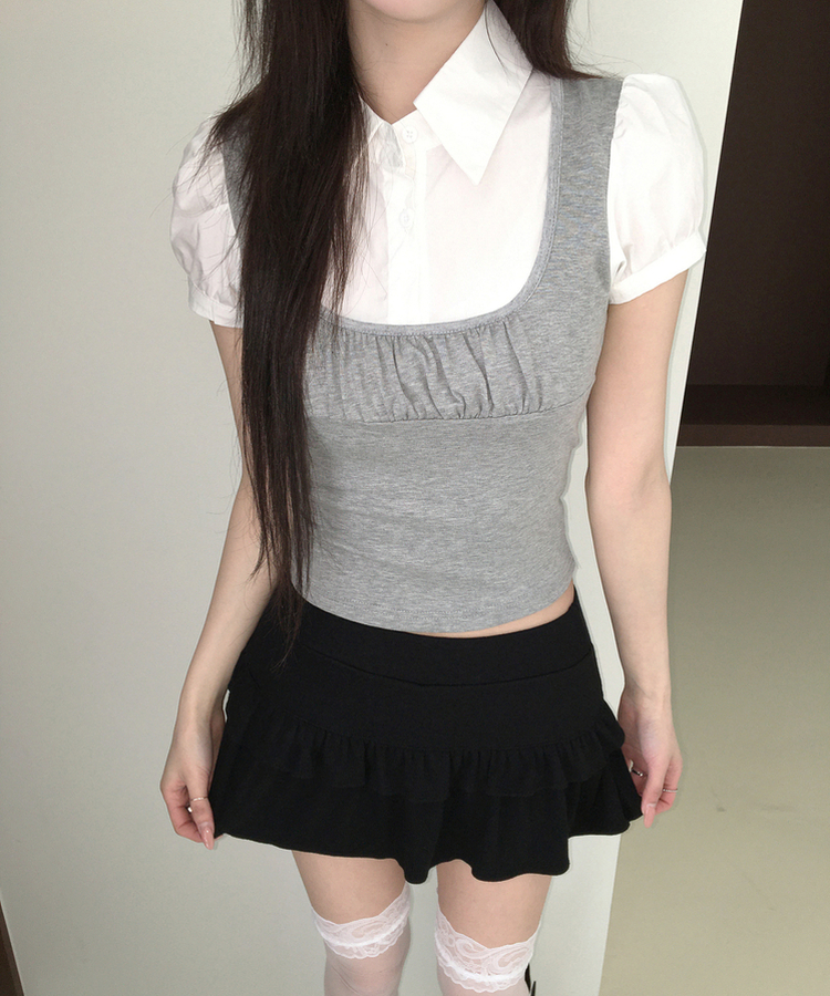 パフスリーブシャツレイヤードトップス GREY