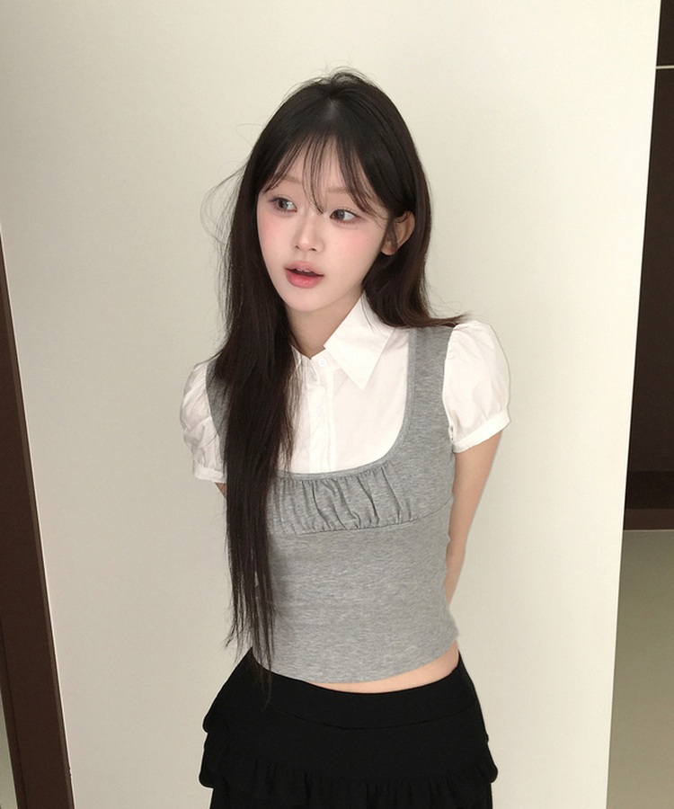 パフスリーブシャツレイヤードトップス GREY