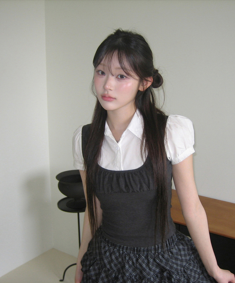 パフスリーブシャツレイヤードトップス BLACK