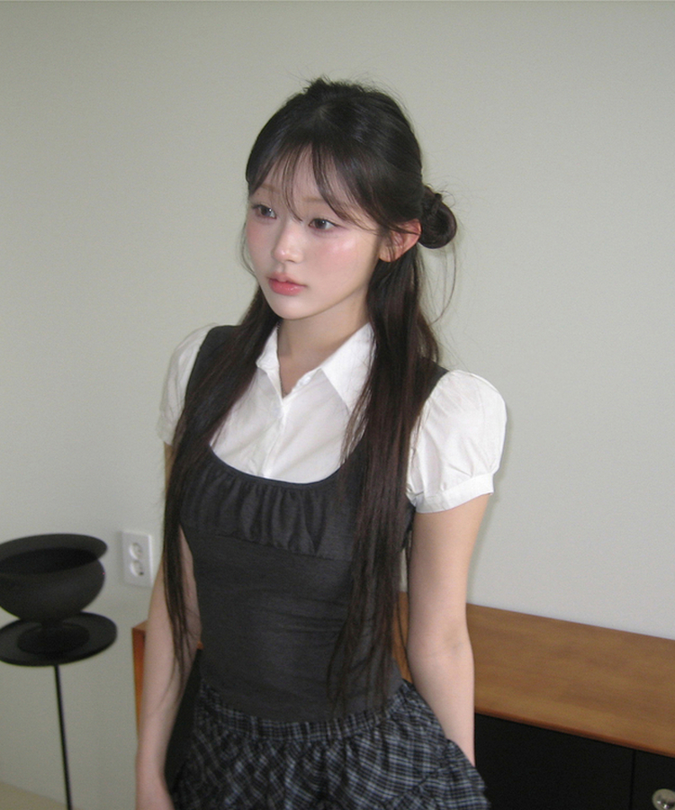 パフスリーブシャツレイヤードトップス BLACK