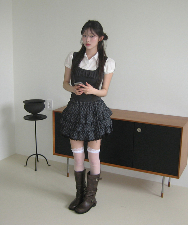 パフスリーブシャツレイヤードトップス BLACK