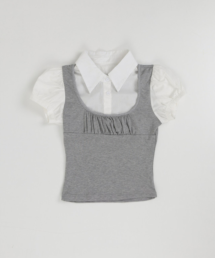 パフスリーブシャツレイヤードトップス