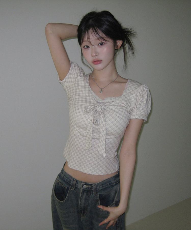 チェックリボンパフトップス IVORY