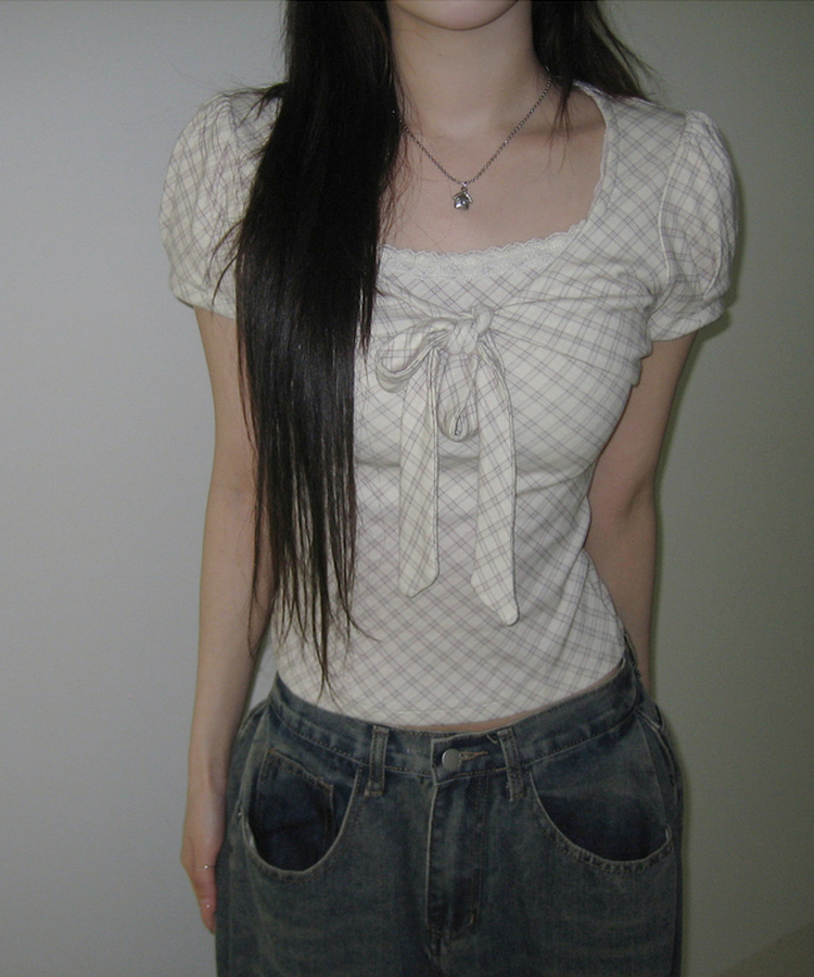 チェックリボンパフトップス IVORY