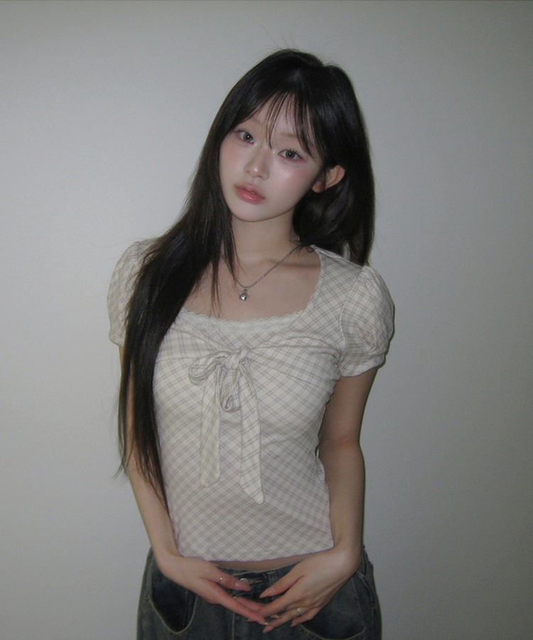 チェックリボンパフトップス IVORY