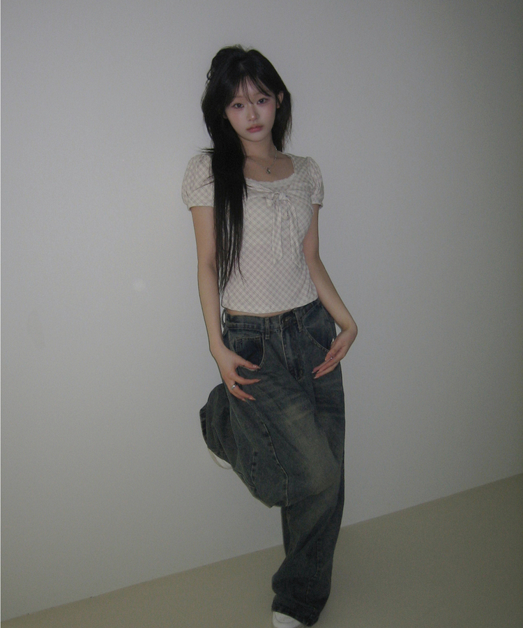 チェックリボンパフトップス IVORY