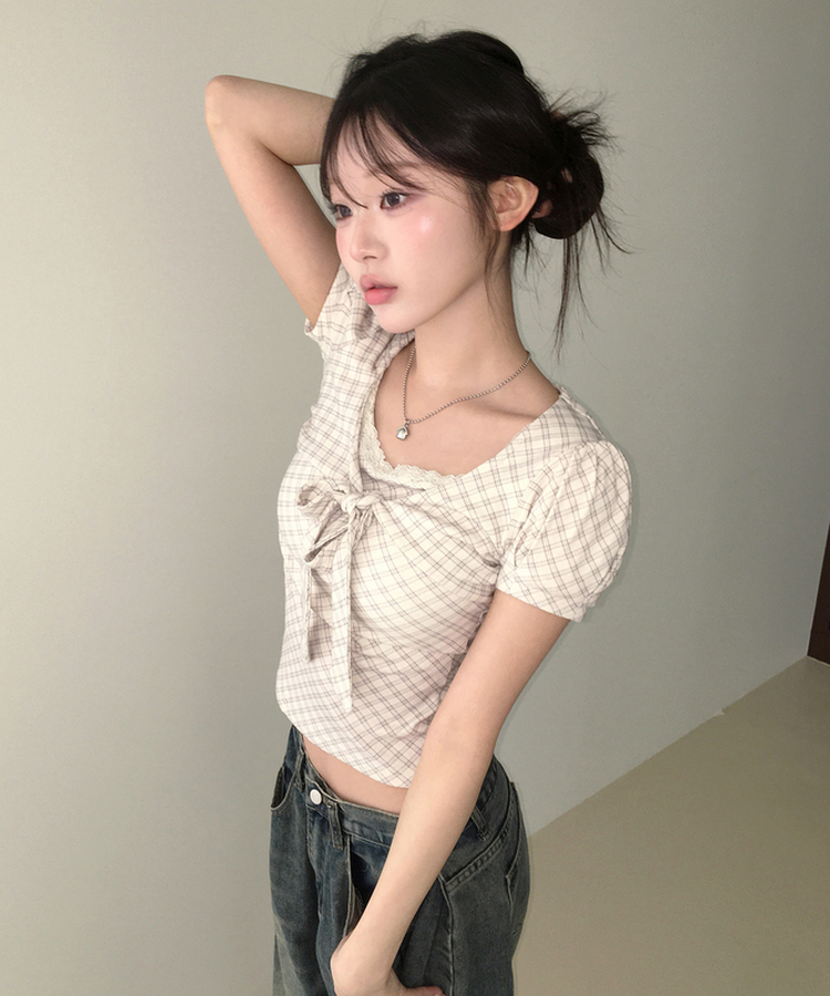チェックリボンパフトップス IVORY
