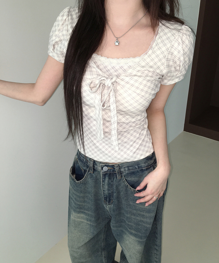 チェックリボンパフトップス IVORY