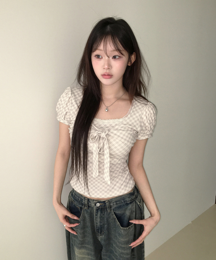 チェックリボンパフトップス IVORY