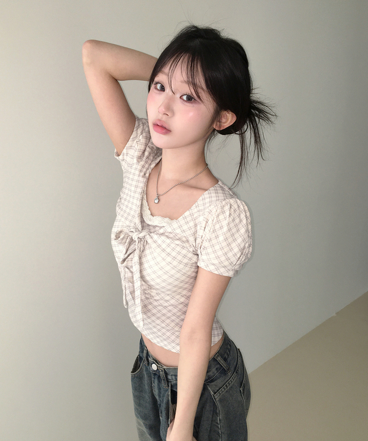 チェックリボンパフトップス IVORY