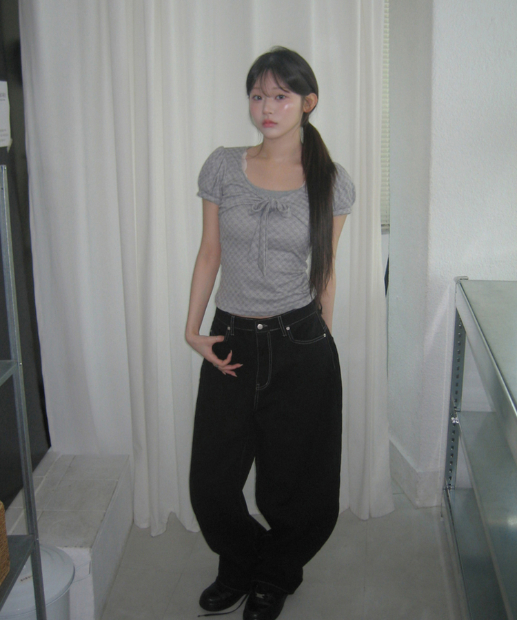 チェックリボンパフトップス GREY