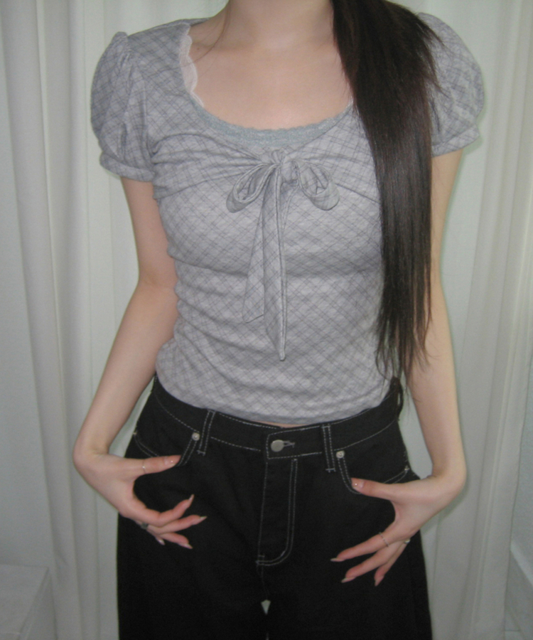 チェックリボンパフトップス GREY