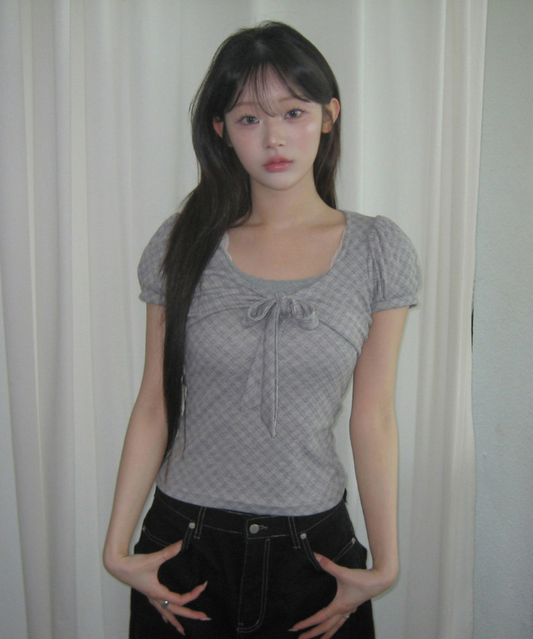 チェックリボンパフトップス GREY