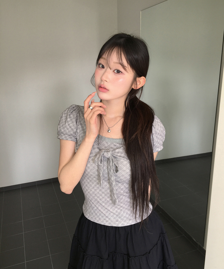チェックリボンパフトップス GREY