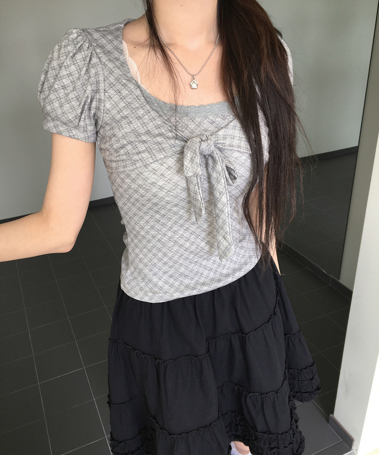 チェックリボンパフトップス GREY