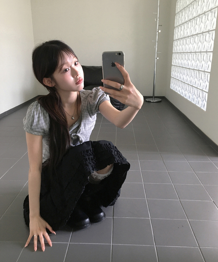 チェックリボンパフトップス GREY