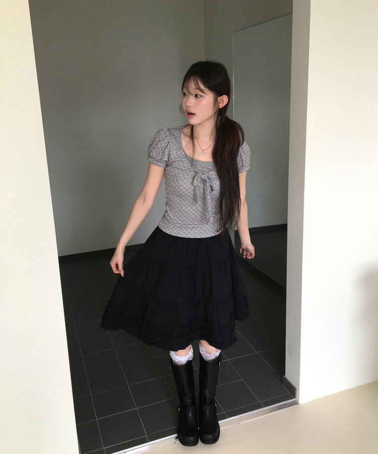 チェックリボンパフトップス GREY