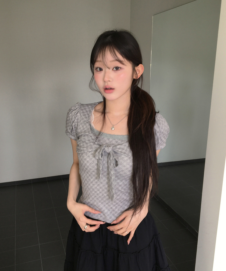 チェックリボンパフトップス GREY
