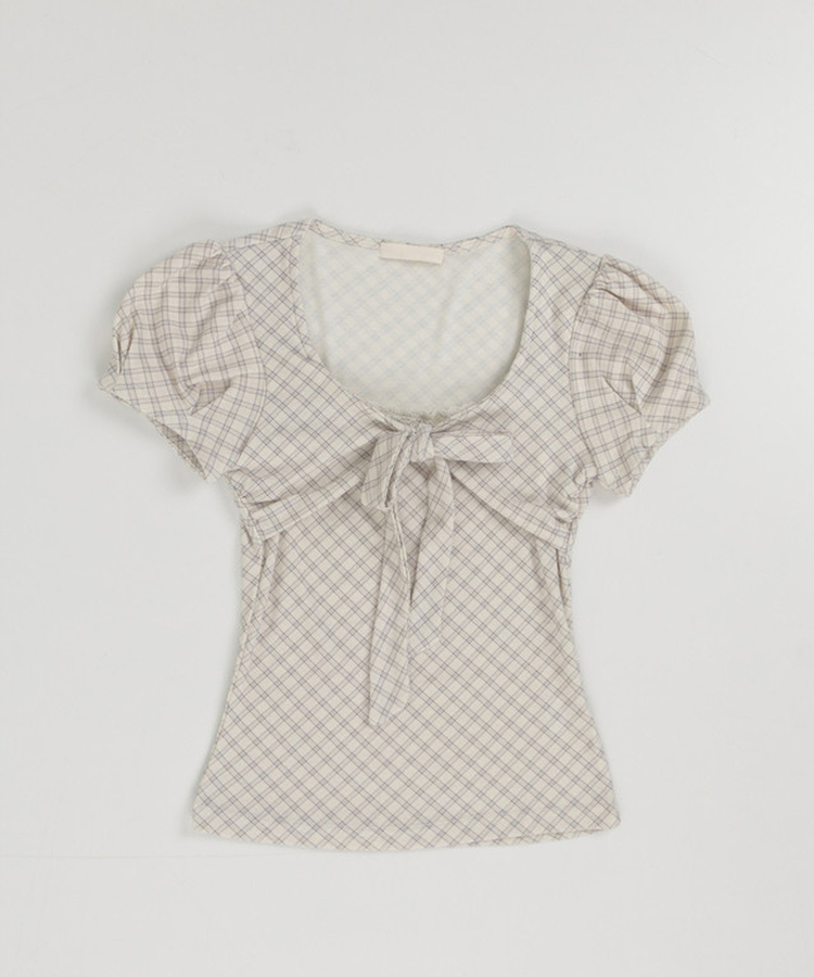 チェックリボンパフトップス