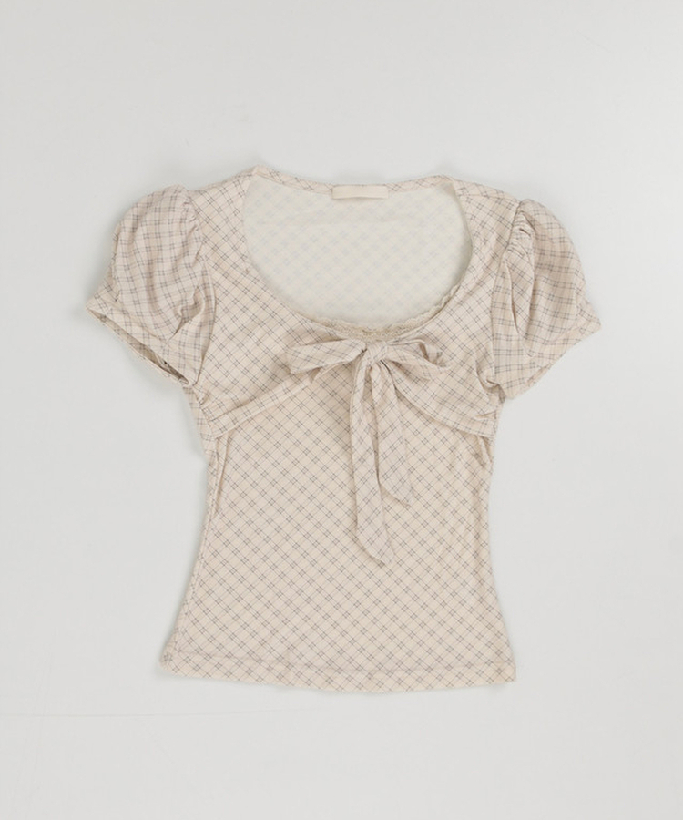 チェックリボンパフトップス