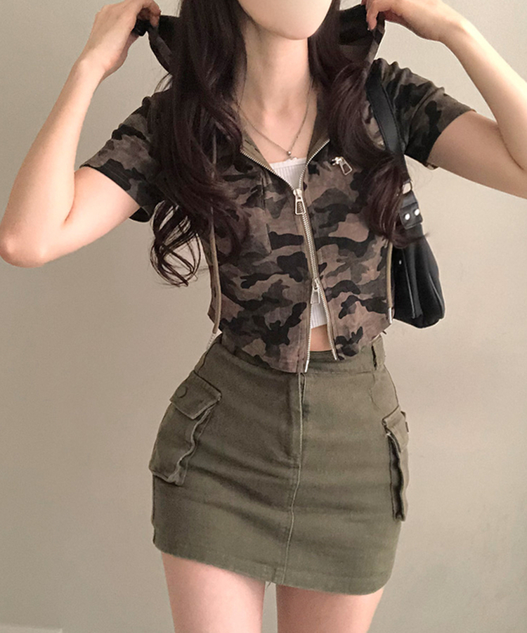 クロップ半袖フードジップアップ KHAKI