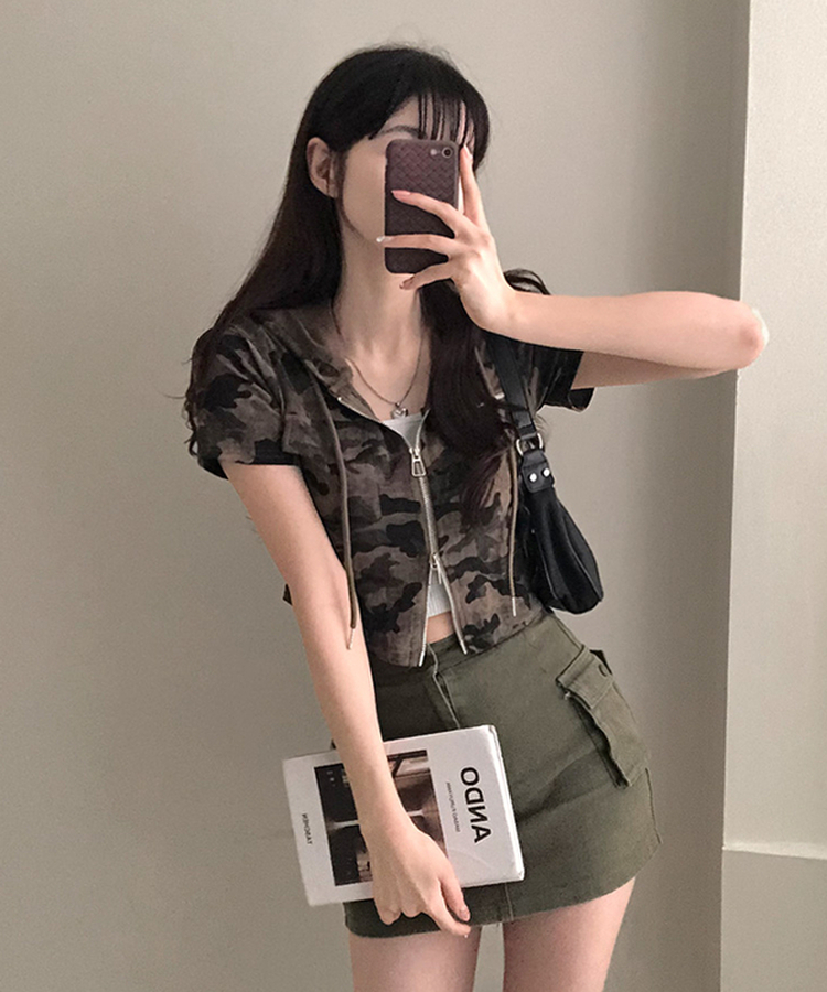 クロップ半袖フードジップアップ KHAKI